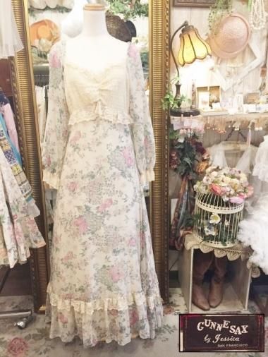 Vintage U S A Gunne Sax 60s 鳥 蝶 孔雀柄ワンピース Size 11