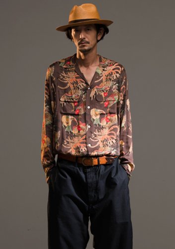 NIPOALOHA RAYON L/S ALOHA SHT伊藤若冲『軍鶏』茶 - MAGIC THEATER web store