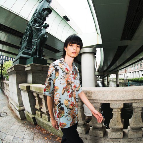 NIPOALOHA RAYON S/S SHT伊藤若冲『軍鶏』ブルーグレー - MAGIC THEATER web store