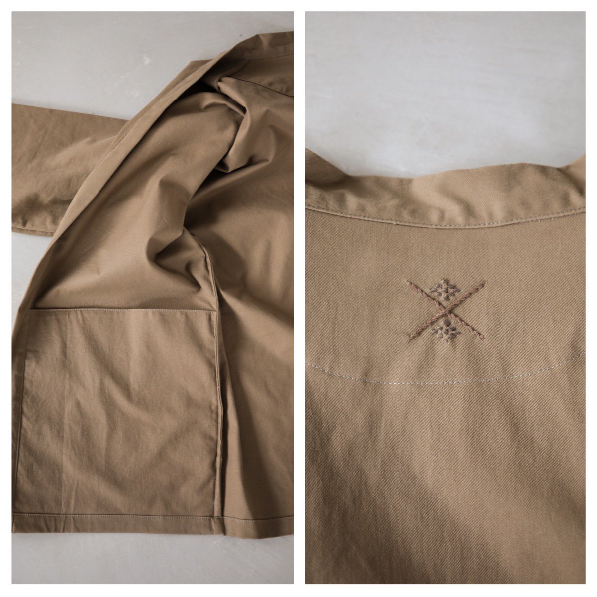 「fete jacket」の背中上の刺繍、ポケット内側の写真