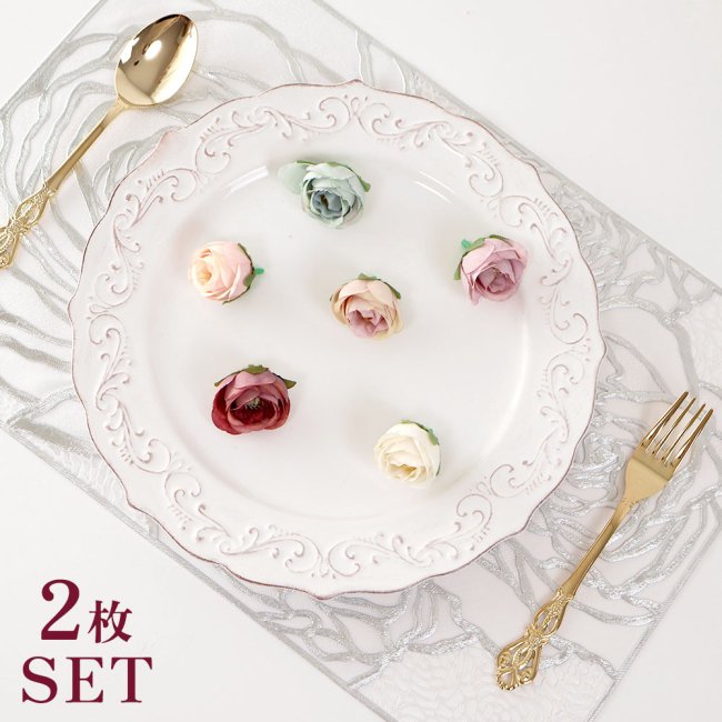 ランチョンマット ローズ 2枚セット テーブルマット シルバー&ホワイト 薔薇雑貨 かわいい 豪華 華やか エレガント おしゃれ かわいい