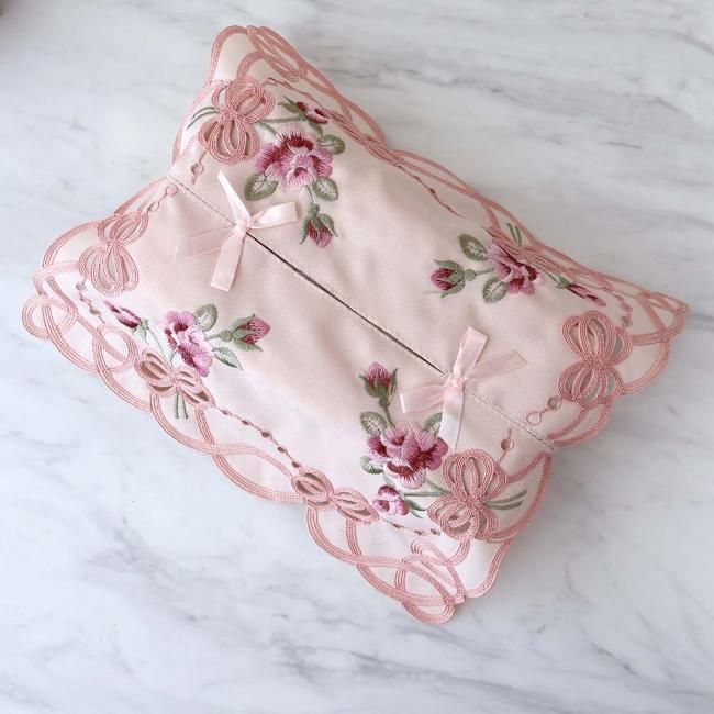 ティッシュカバー ピンク レース 刺繍 おしゃれ 薔薇のカットワーク ティッシュケース【ゆうパケット可】 - 薔薇 雑貨・プリンセス姫系インテリア雑貨通販RoseRich【ローズリッチ】