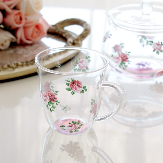 耐熱ガラス ラウンド マグカップ ロマンティックローズ 日本製 姫系 花柄 ピンク かわいい