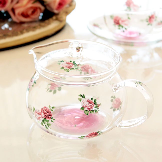 プレゼント 耐熱ガラス ラウンド ティーポット 急須 ロマンティックローズ 茶漉し付き 日本製 かわいい