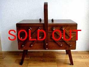 木製裁縫箱 ビンテージ 2段式 赤い持ち手付き ヴィンテージ木製