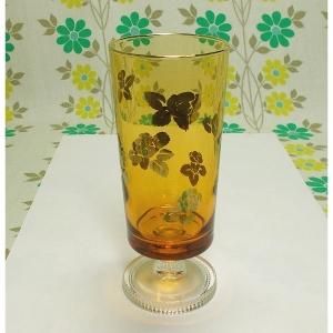 レトロポップ アンバーガラス ゴールド花柄 足付きグラス