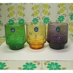 昭和レトロモダン 顔レリーフ柄 3色カラー グラスセット