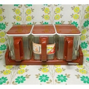 レトロプラスチック 3連 調味料ラック シールクッキングポット ブラウン