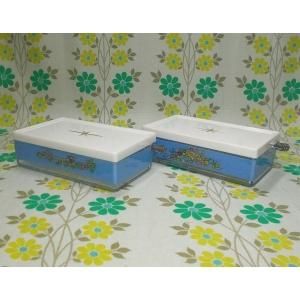 レトロプラスチック 花柄 チャームバターケース ナイフ付き ブルー