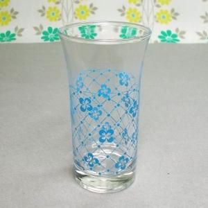 レトロポップ 水色花×格子柄 タンブラーグラス