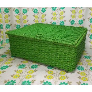 レトロポップ 角型 蓋付き編みかご 収納箱 緑
