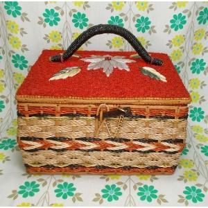 昭和レトロ バスケット裁縫箱 刺繍花柄
