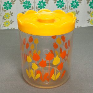レトロプラスチック チューリップ柄 蓋付き容器 オレンジ