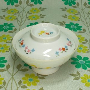 昭和レトロ 陶器製 ノリタケ×ファミリア ひよこと花柄 子供用 蓋付き茶碗