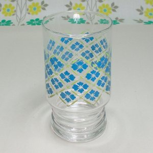 レトロポップ 格子×水色花柄 タンブラーグラス