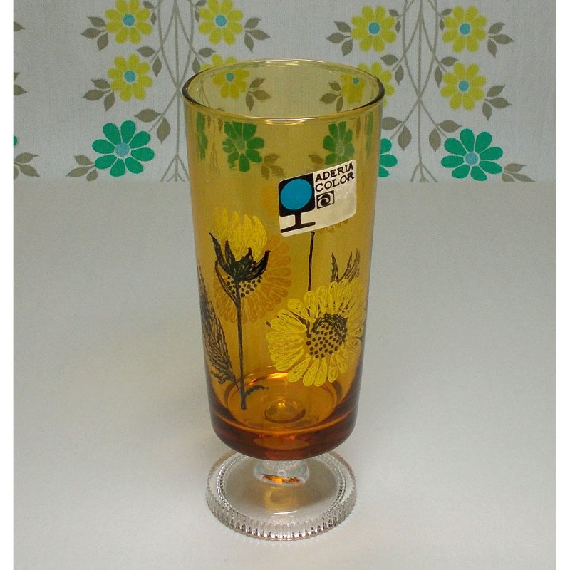 レトロポップ アンバーガラス ひまわり花柄 脚付き タンブラーグラス