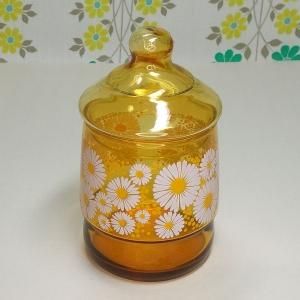 レトロポップ アンバーガラス 白花柄 キャンディーポット 花ざかり