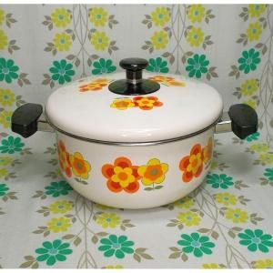 レトロポップ ホーロー製 両手鍋 20cm オレンジ×イエロー花柄