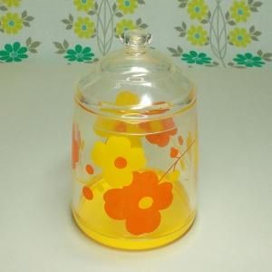 レトロプラスチック オレンジ×イエロー花柄 フタ付き容器 ポット イエロー