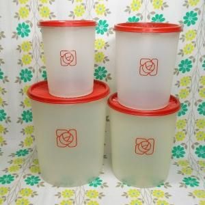 オールドタッパーウェア 薔薇花柄 デコレーター4Pセット(えんじ・クリア)