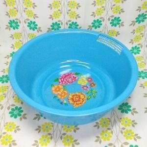 レトロプラスチック 花柄 水切り付きボウル 青