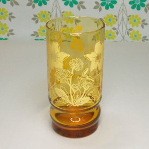 レトロポップ アンバーガラス 花柄 タンブラーグラス 