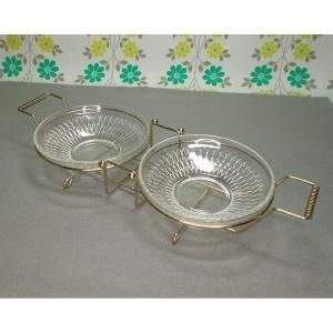 レトロモダン ホルダー付き 2連 ガラス小皿 クリア