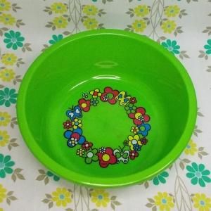レトロプラスチック 蝶&花柄 風呂桶 グリーン