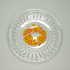 レトロポップ ガラス製 オレンジ花柄 ケーキ皿
