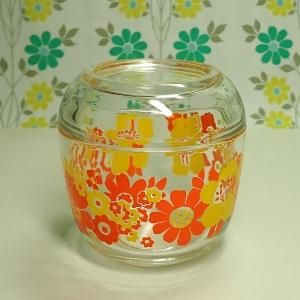 レトロポップ オレンジ×イエロー花柄 蓋付きガラス容器