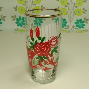 レトロポップ リボンに薔薇花柄 タンブラーグラス
