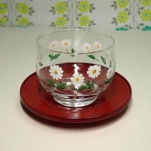レトロポップ ホワイト花柄 冷茶グラス 茶托付き 野ばな