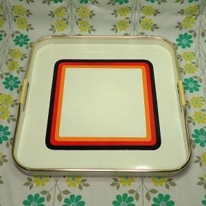 レトロプラスチック ボーダー柄 取っ手付き 角トレー