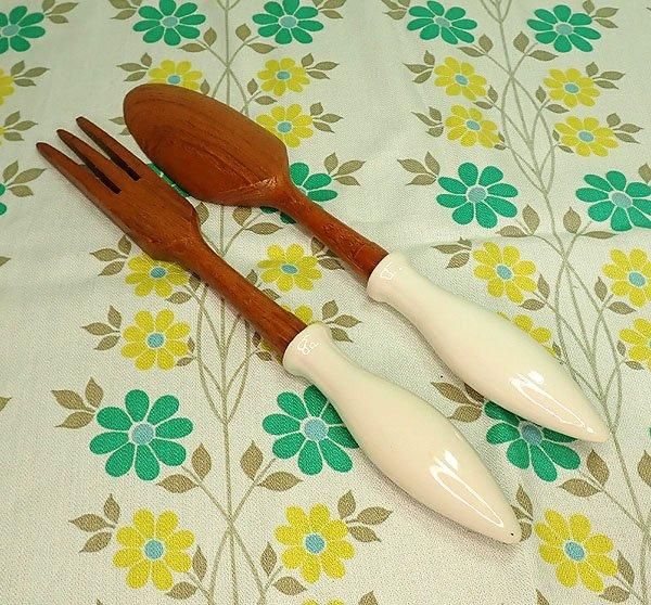 昭和レトロ 北欧風 陶器×木製 花柄 調味料＆サラダサーバー