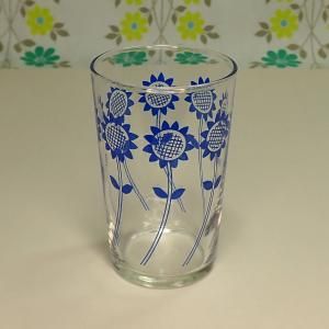 レトロポップ ひまわり花柄 タンブラーグラス 青