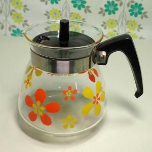 レトロポップ オレンジ×イエロー花柄 耐熱ガラスポット