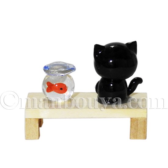 ミニチュア ガラス細工 動物 黒猫 インテリア雑貨 フォーカート 縁台