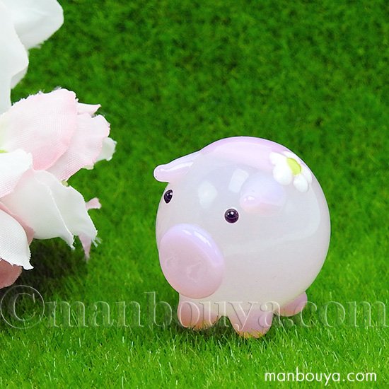動物 ブタ ガラス細工 ミニチュア 置物 雑貨 かわいい 花ぶた ピンク L