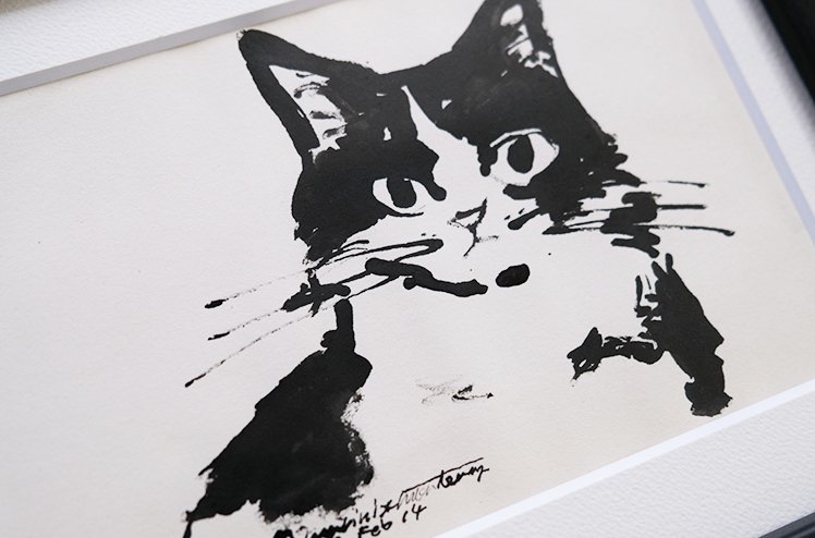 保護猫ドローイング作品「Cat drawing 2023.Feb.14(黒白長毛 