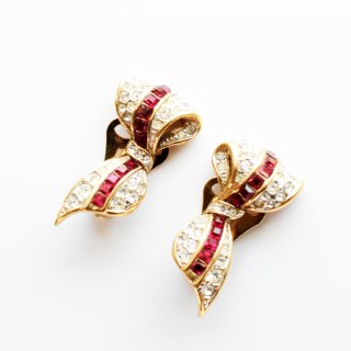Vintage 1960's redclear rhinestone ribbon motif earrings