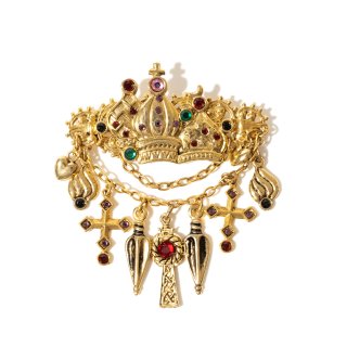 Vintage 1980's　crown cross multicolor rhinestone　chain　brooch