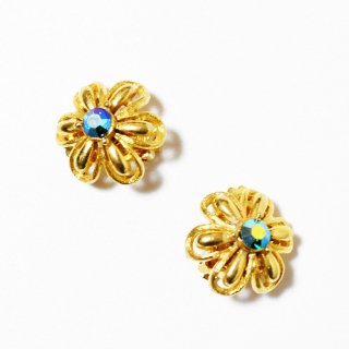 Vintage1930s aurora rhinestone flower motif goldmetal earrings