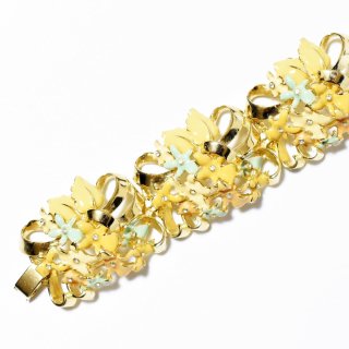 Vintage 1960syellowgreenorangeflowermotif rhinestone goldmetal bracelet