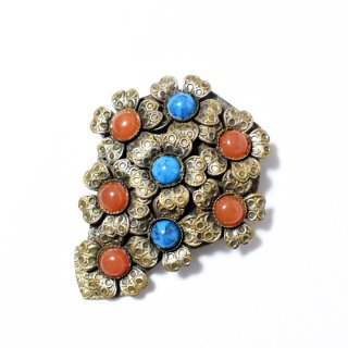 Vintage 1930's brown-redturquoise blue style flowermotif clip brooch