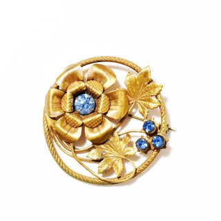 Vintage 1940's goldmetal flower&reef motif blue rhinestone brooch