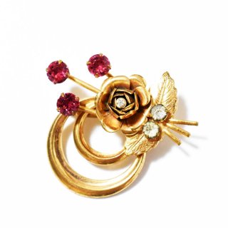 Vintage 1950's goldmetal rose motif pinkclear rhinestone brooch