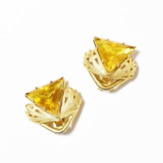 Vintage1950sgoldmetal triangle yellowglass earrings