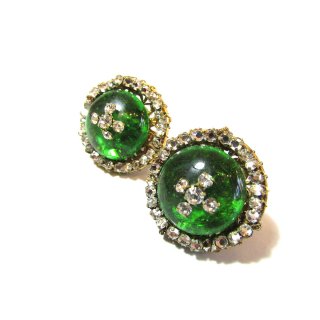 1940s Miriam Haskell green glass rhinestone earrings