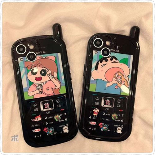 韓国 クレヨンしんちゃん レトロ携帯デザイン フレンド黒 iPhoneケース