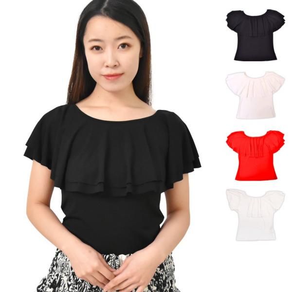 【フラダンス衣装 まとめ売り】全5点セット トップス Tシャツ 黒 白 ブラック GH3251 ボートネック2段フリルトップス | tシャツ 半袖 シャツ